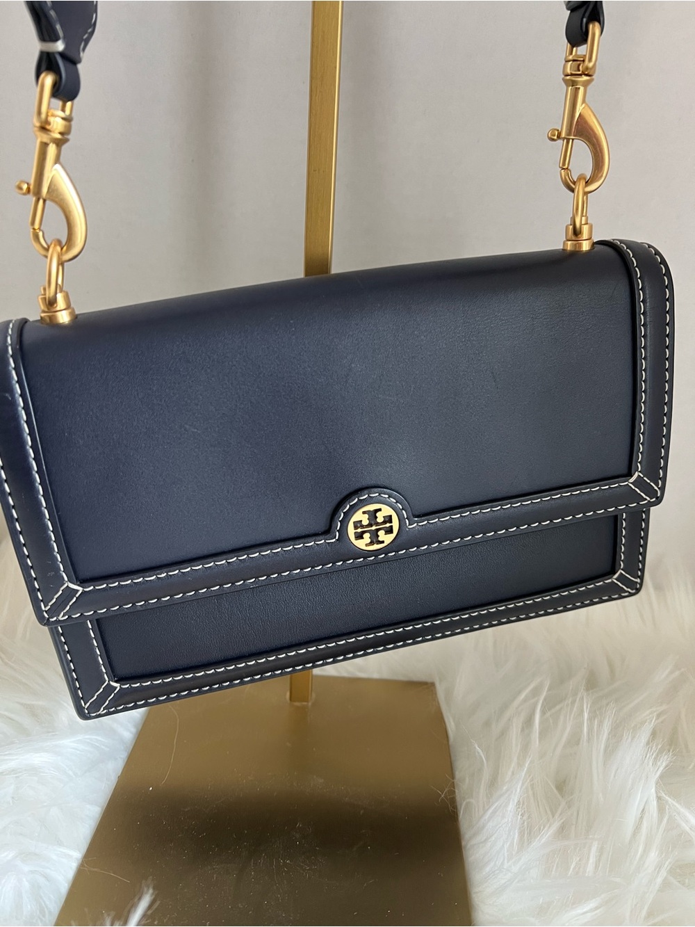 Tory Burch Navy T-Mono Leather Crossbody with Gold Hardware and Burgundy Strap - Picture 3 of 7